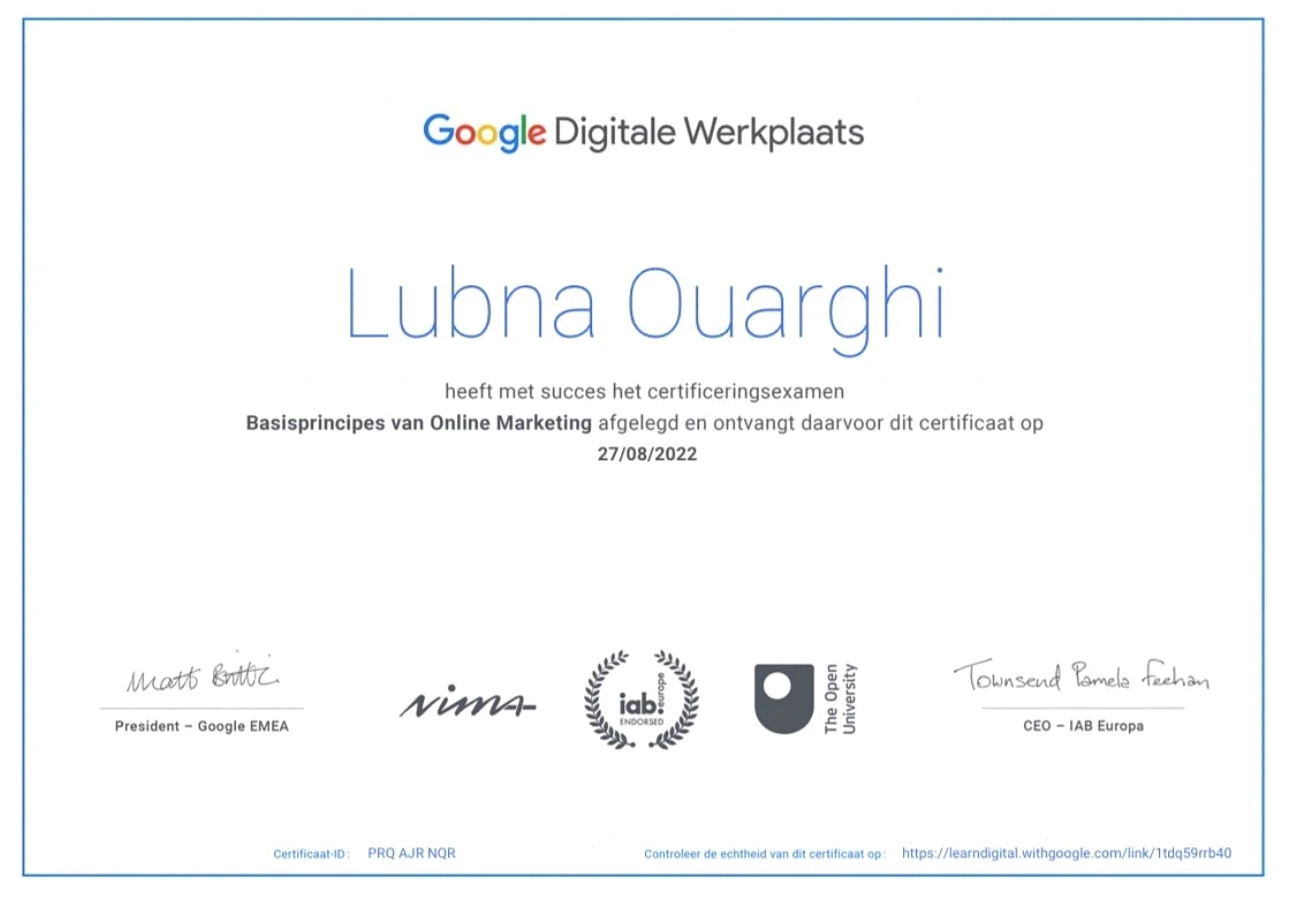 Google Digitale Werkplaats certificate of Lubna Ouarghi from 2022