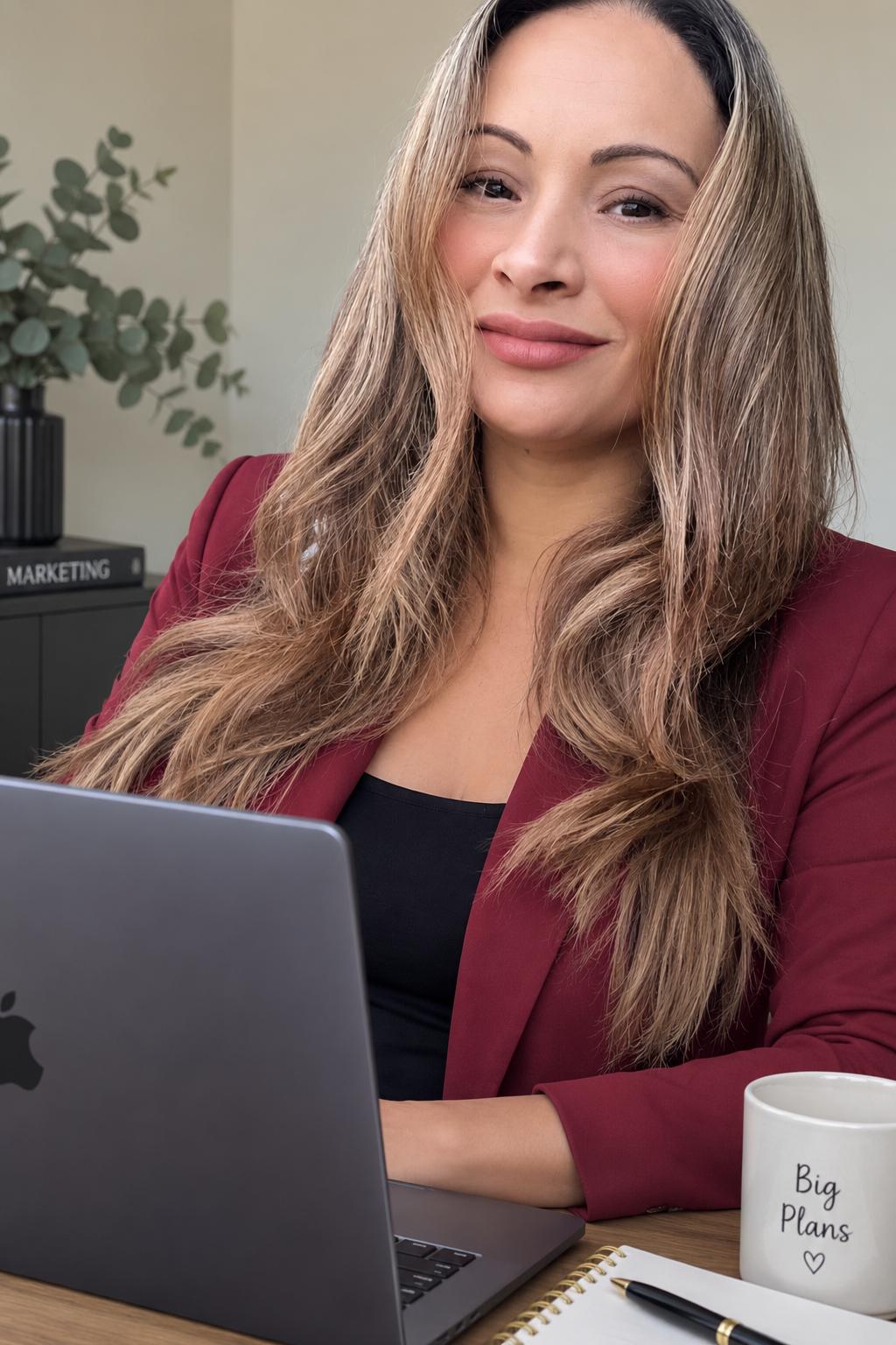 Lubna working at her laptop in a burgundy blazer