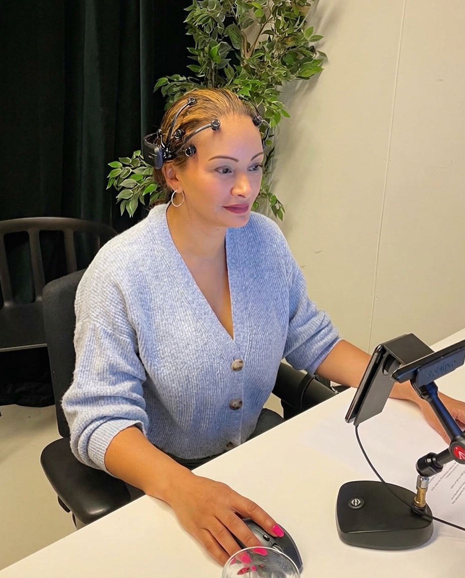 Lubna tijdens een neuromarketingonderzoek met EEG-headset