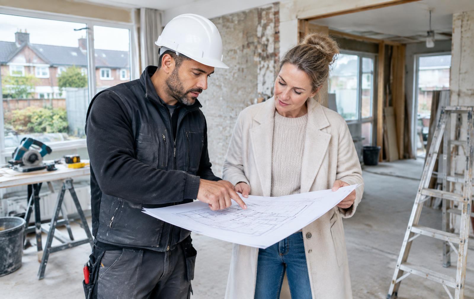 Aannemer bespreekt een renovatieplan met de opdrachtgever op locatie