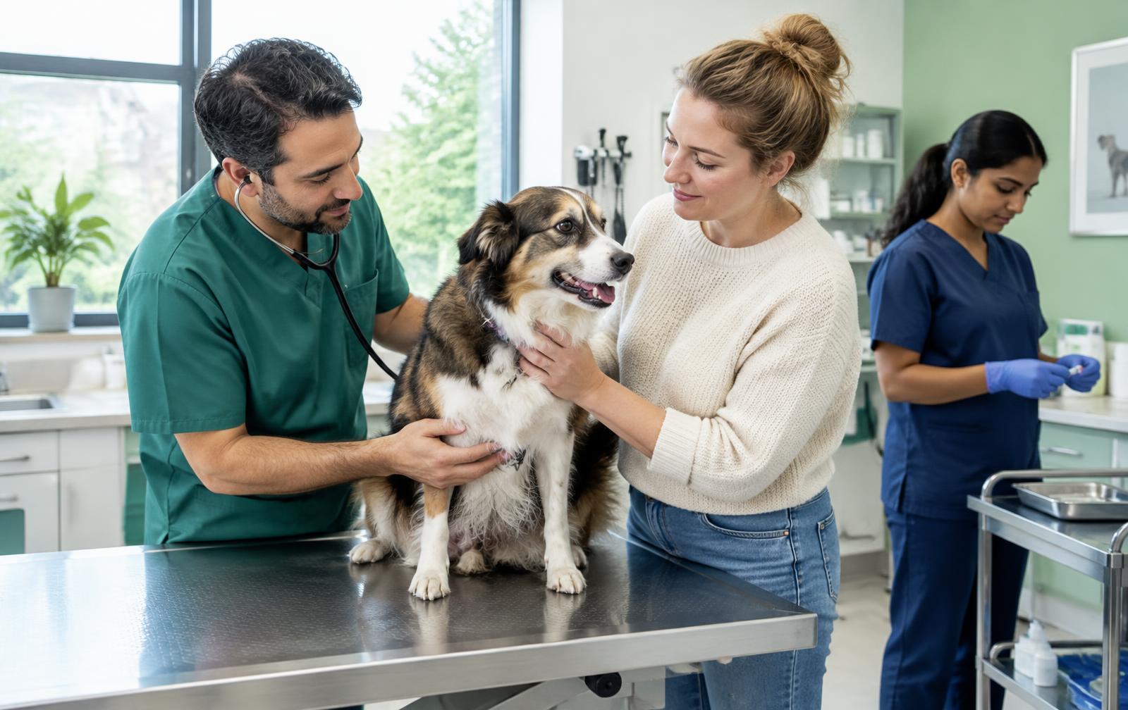 Dierenarts onderzoekt een hond samen met de eigenaar
