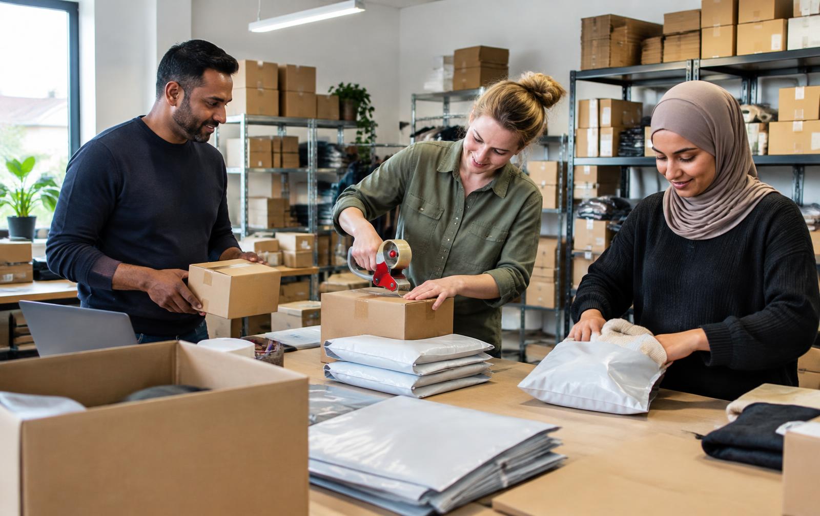 Nederlands e-commerceteam verwerkt bestellingen in het magazijn