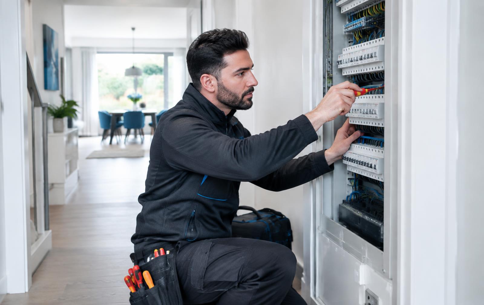 Installateur werkt veilig aan de groepenkast in een moderne woning