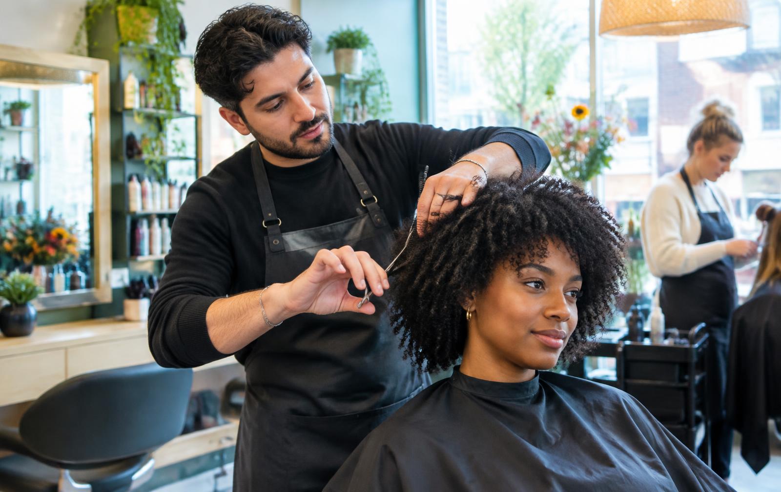 Kapper werkt aan het kapsel van een klant in een moderne salon