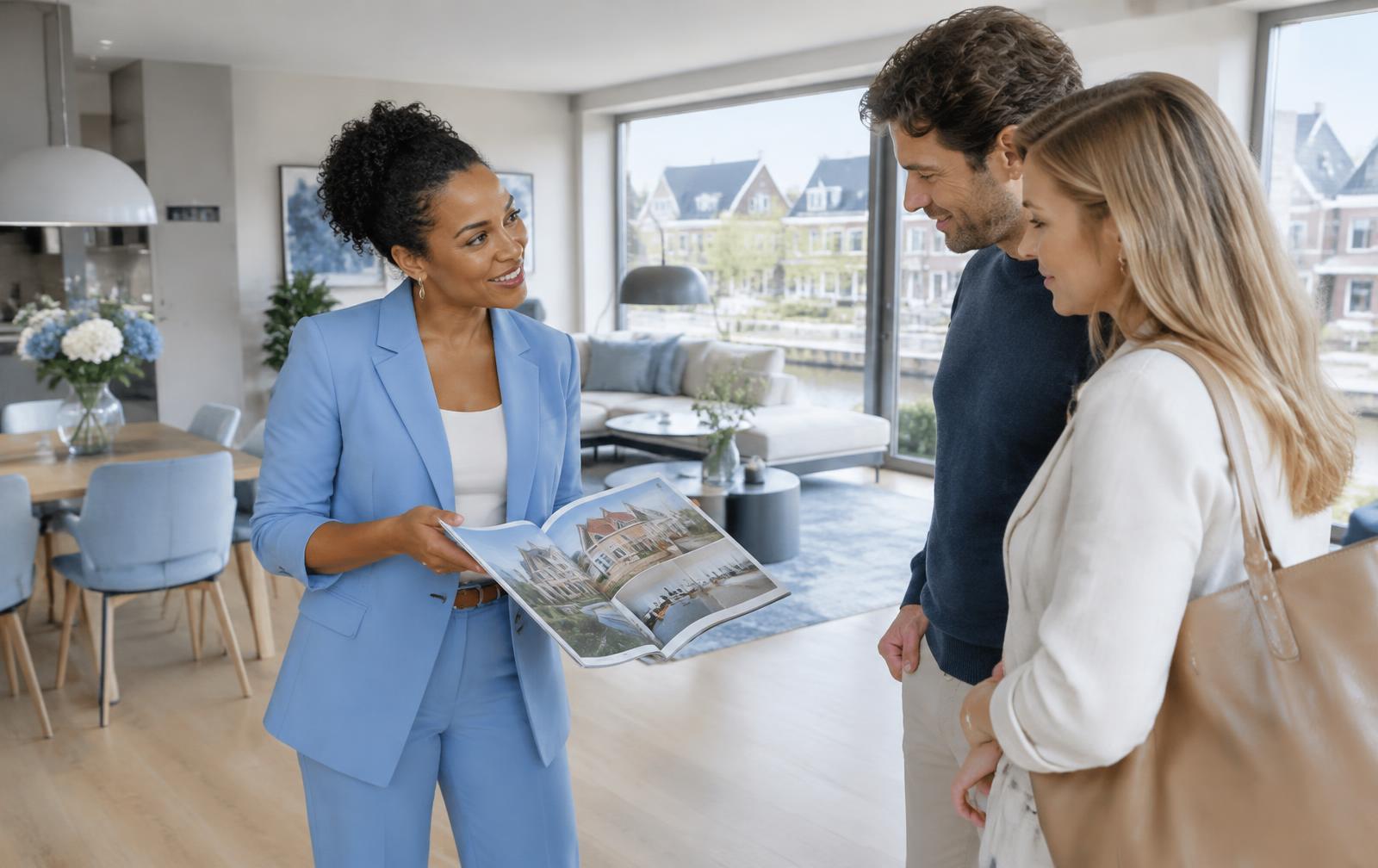 Makelaar overhandigt de sleutels van een woning aan nieuwe bewoners