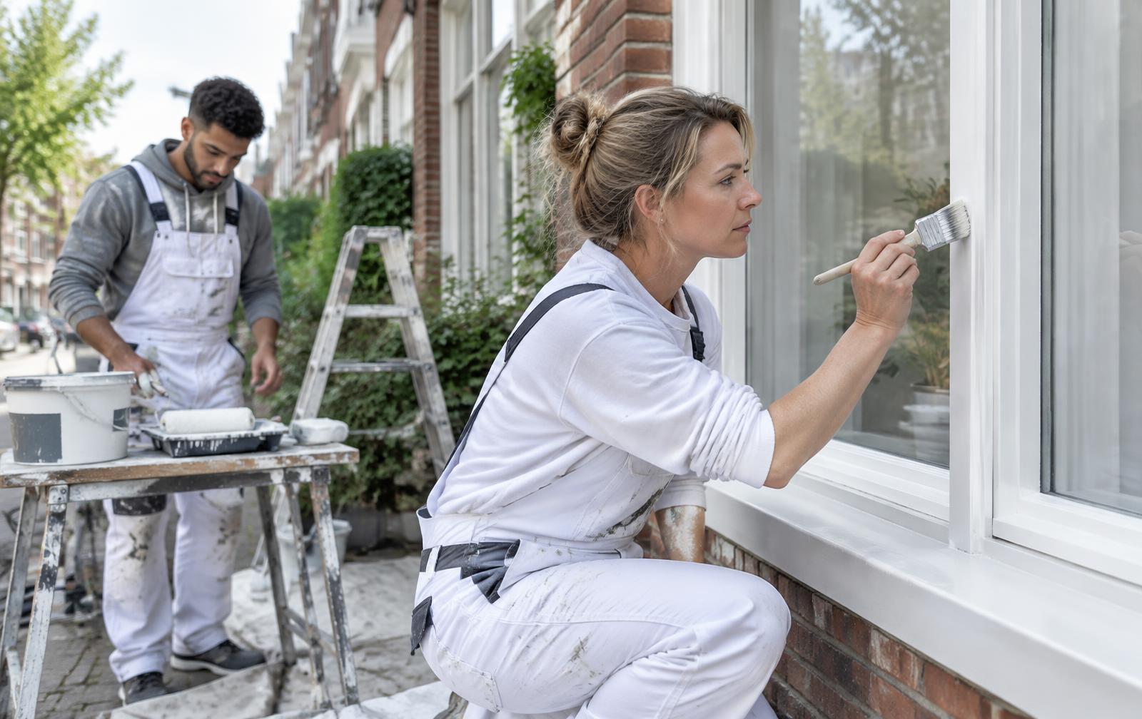 Schilder werkt zorgvuldig aan de kozijnen van een Nederlandse woning