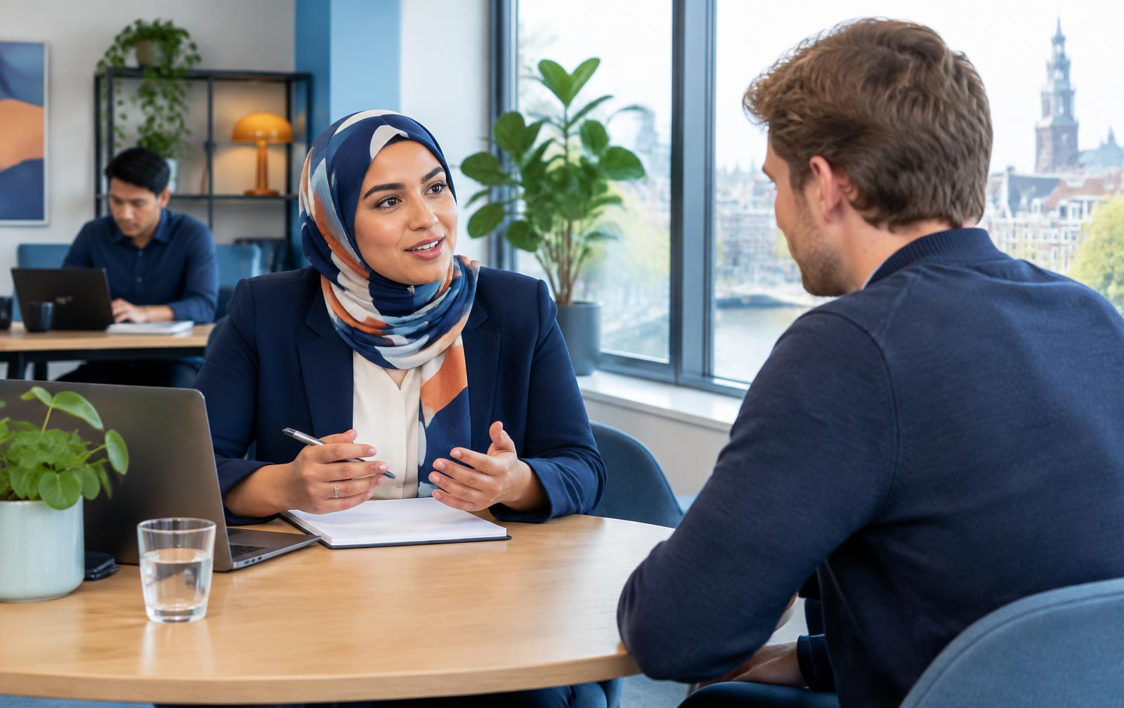 Recruiter spreekt een kandidaat tijdens een persoonlijk sollicitatiegesprek