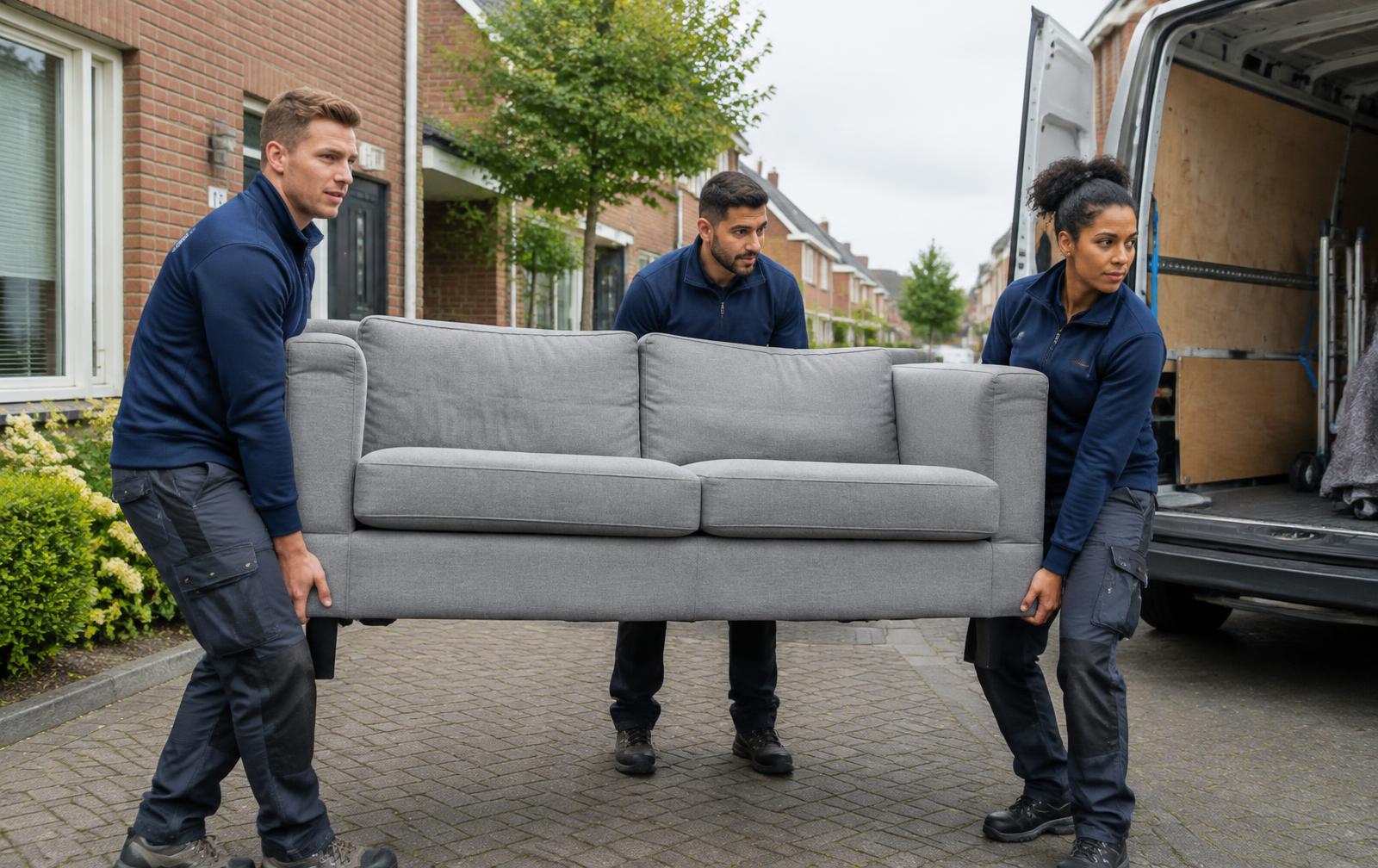 Professionele verhuizers dragen een bank naar een verhuiswagen
