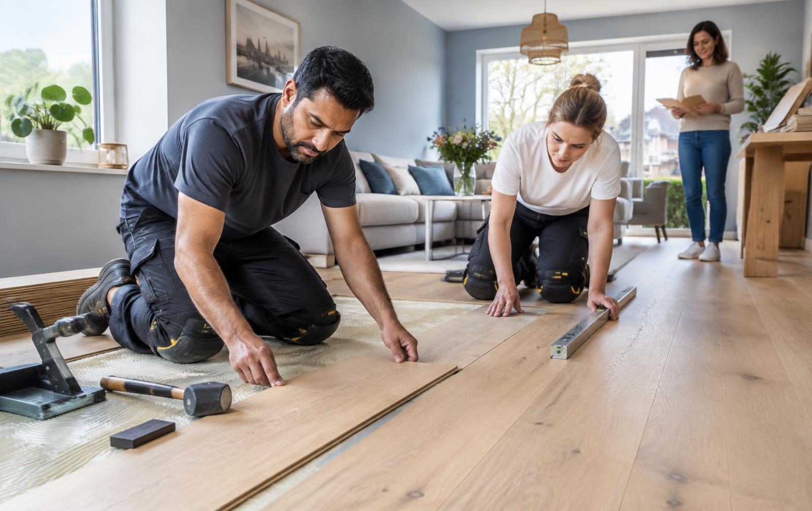 Vloerspecialist legt een houten vloer terwijl de klant stalen bekijkt