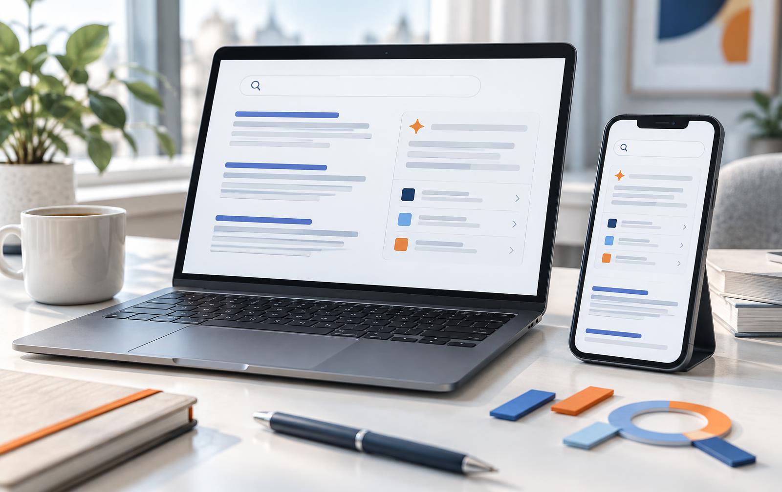 Zoekresultaten en AI-antwoorden zichtbaar op laptop en mobiel