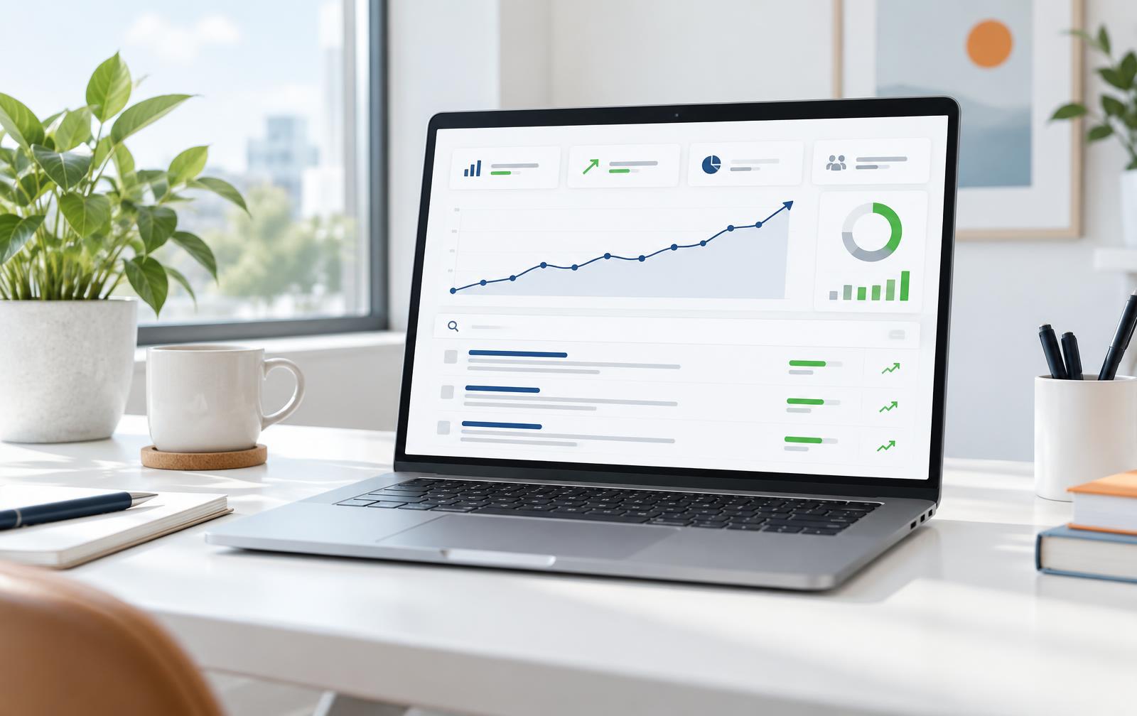 Laptop met groeiende SEO-posities en resultaten uit zoekmachines